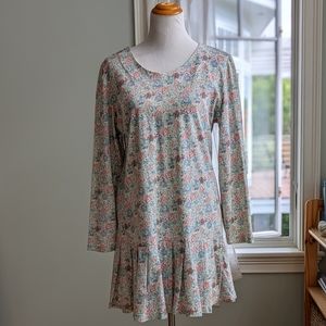 Vintage 1990s Terazzia Pastel Floral Drop Waist Cotton Blend Dress Boho Coastal.